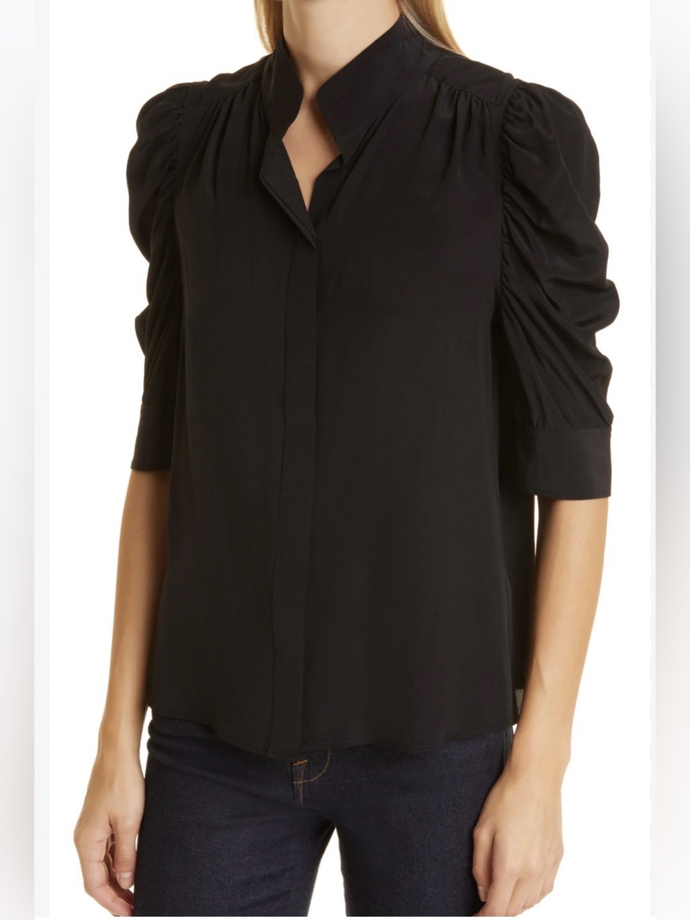 Melanie Lyne Black Puff-Sleeve Blouse with Mandarin Collar - Women